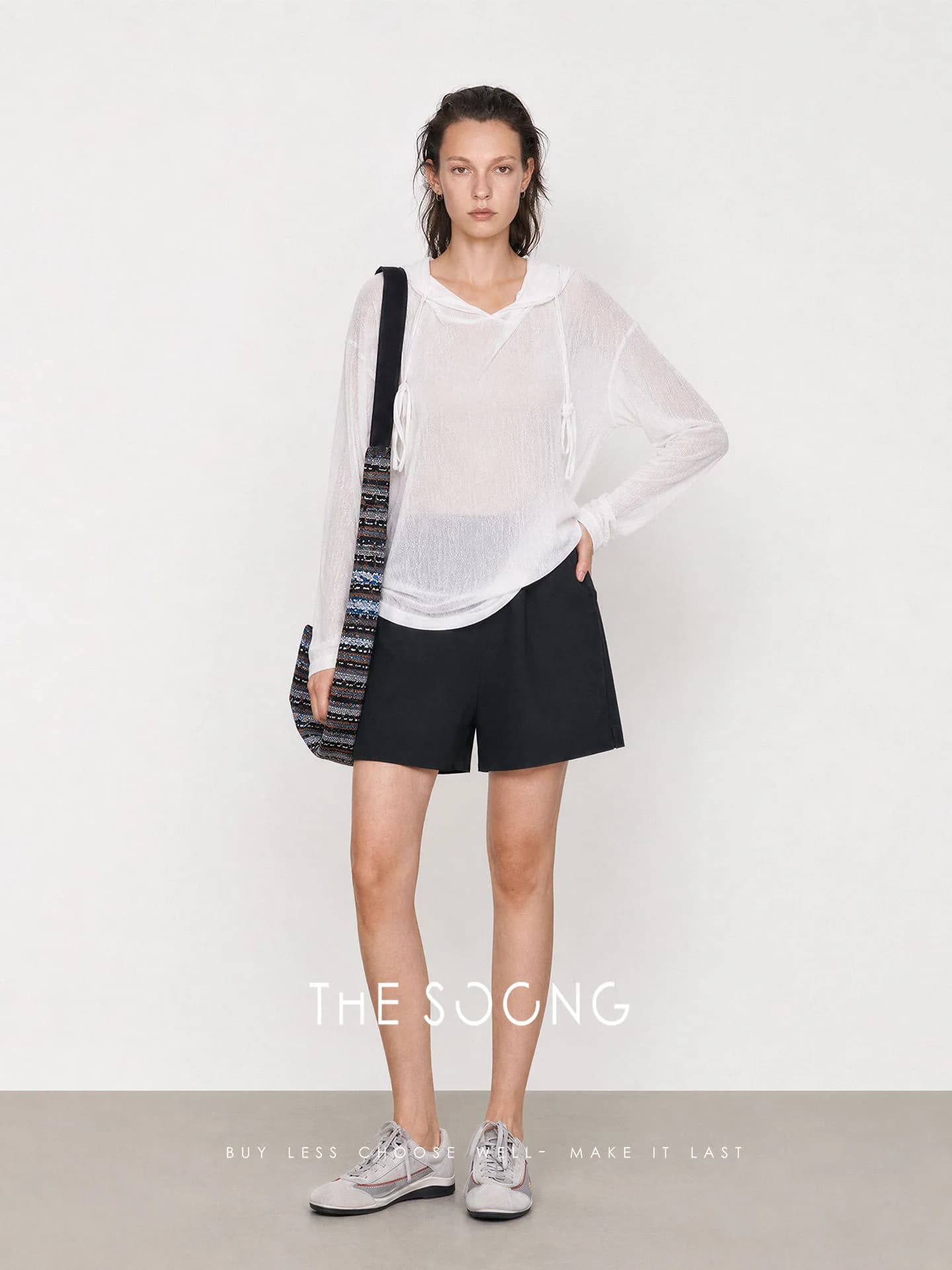 THESOONG Relaxed Commuter Sheer-Texture Drawstring Hooded Knitwear view 5