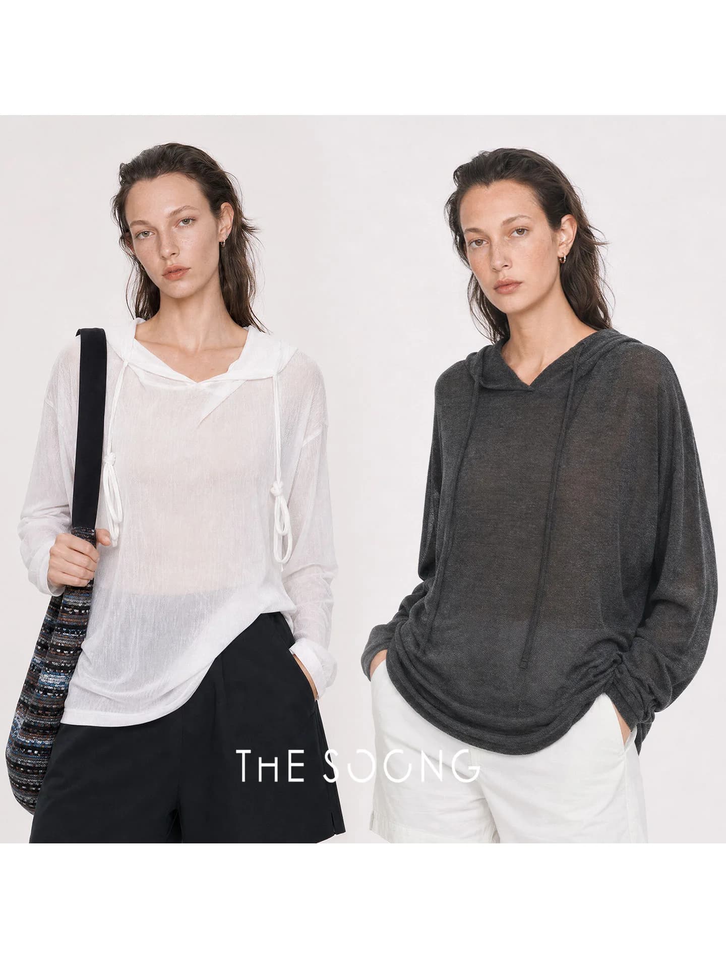 THESOONG Relaxed Commuter Sheer-Texture Drawstring Hooded Knitwear view 3