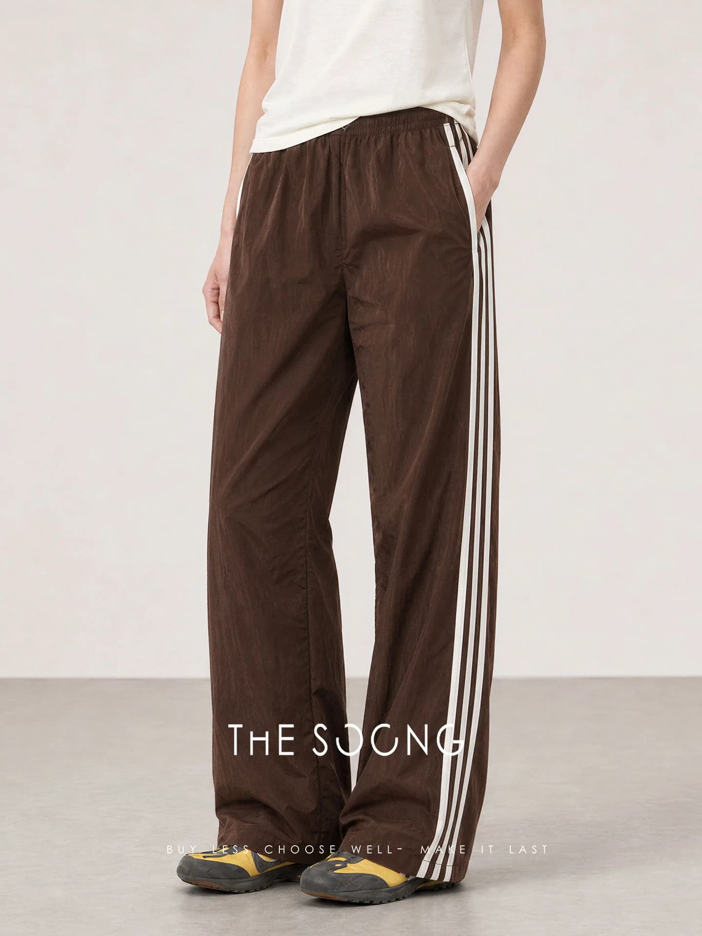 THESOONG Retro Sport Side-Stripe Nylon Casual Wide-Leg Pants view 2