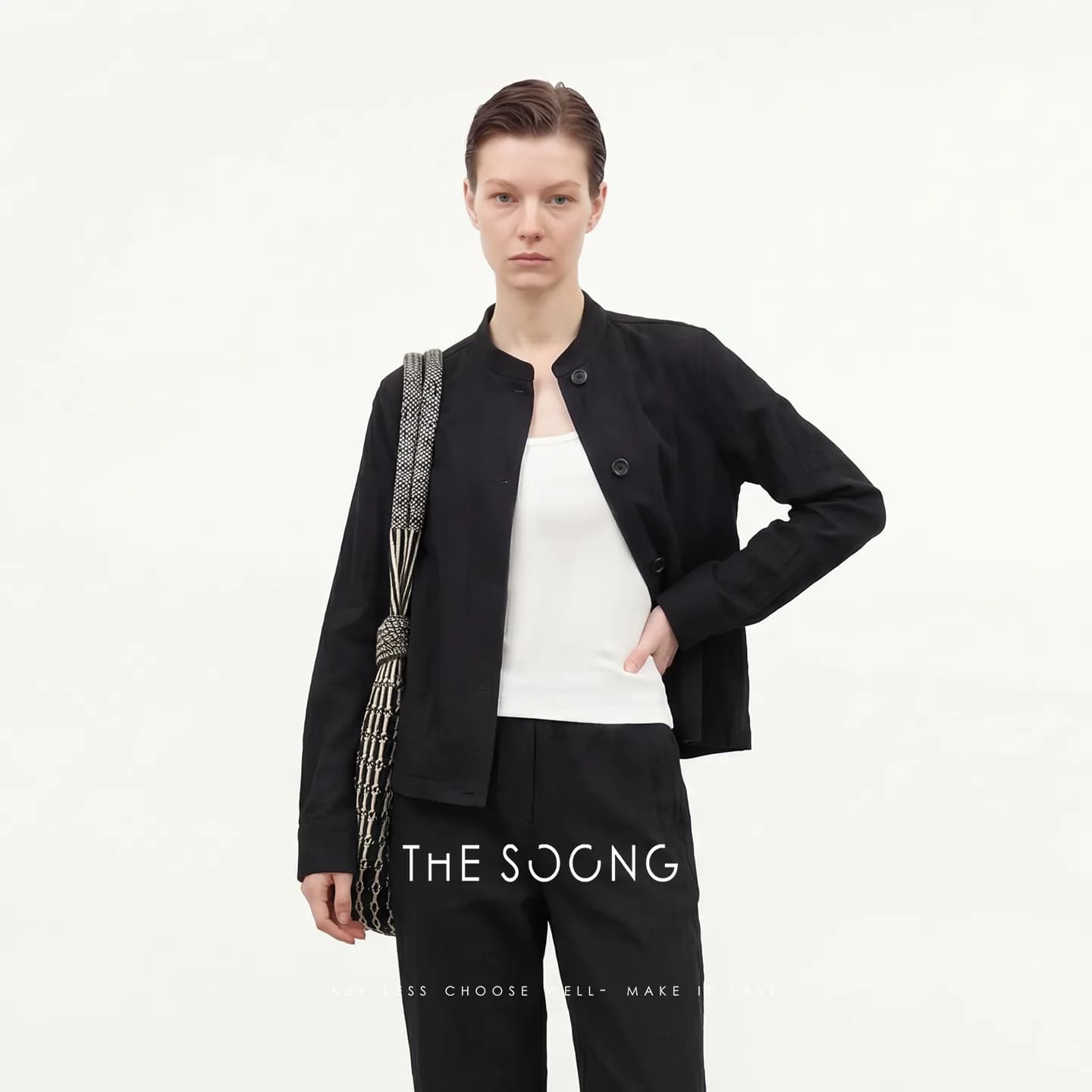 THESOONG 미니멀리스트 스탠드 칼라 싱글 브레스티드 셔츠 재킷 8601