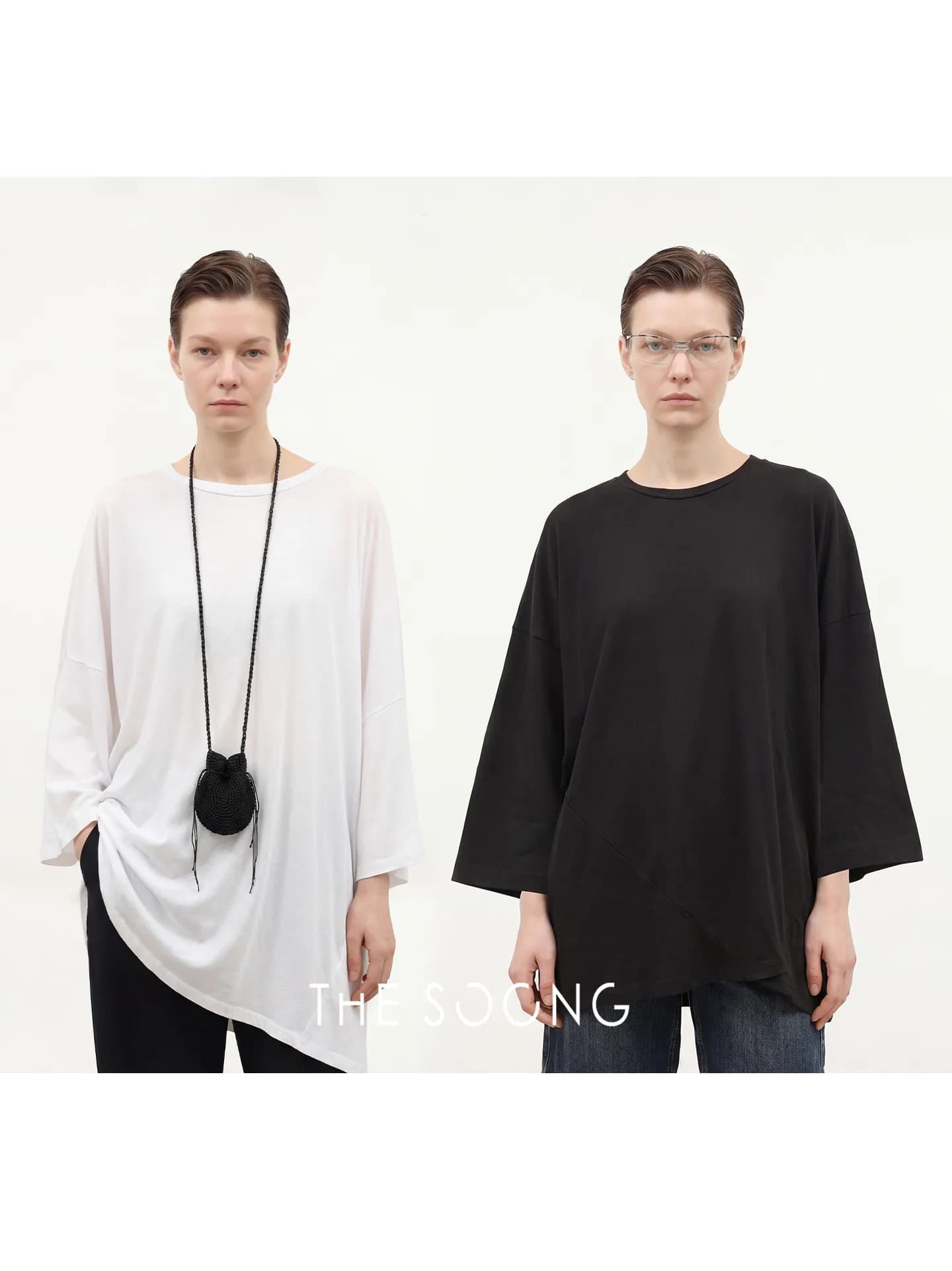THESOONG 100% Cotton Geometric Panel Longline Short-Sleeve Tee view 1