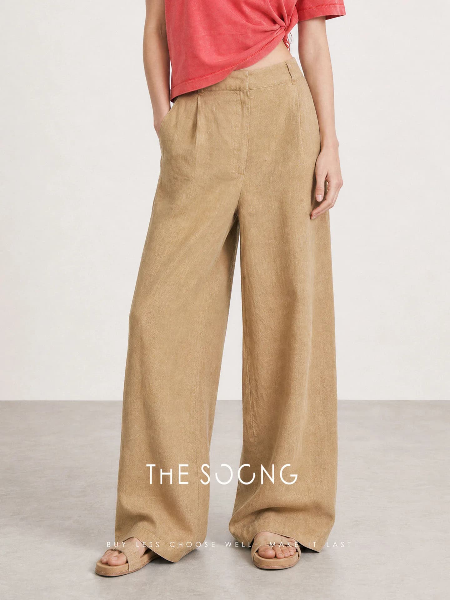 THESOONG Relaxed Crinkled Summer 100% Linen Wide-Leg Pants view 1