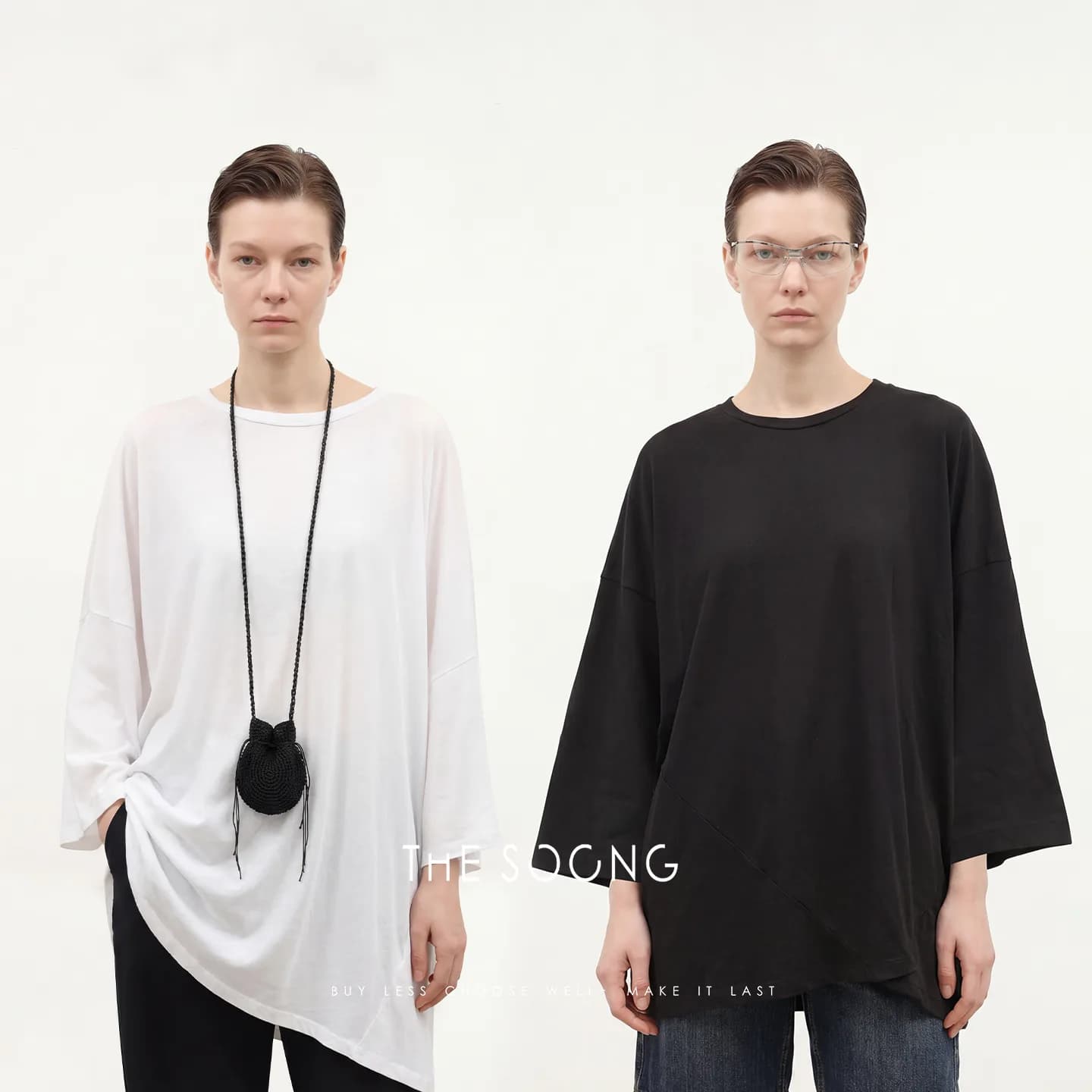 THESOONG 100% Cotton Geometric Panel Longline Short-Sleeve Tee