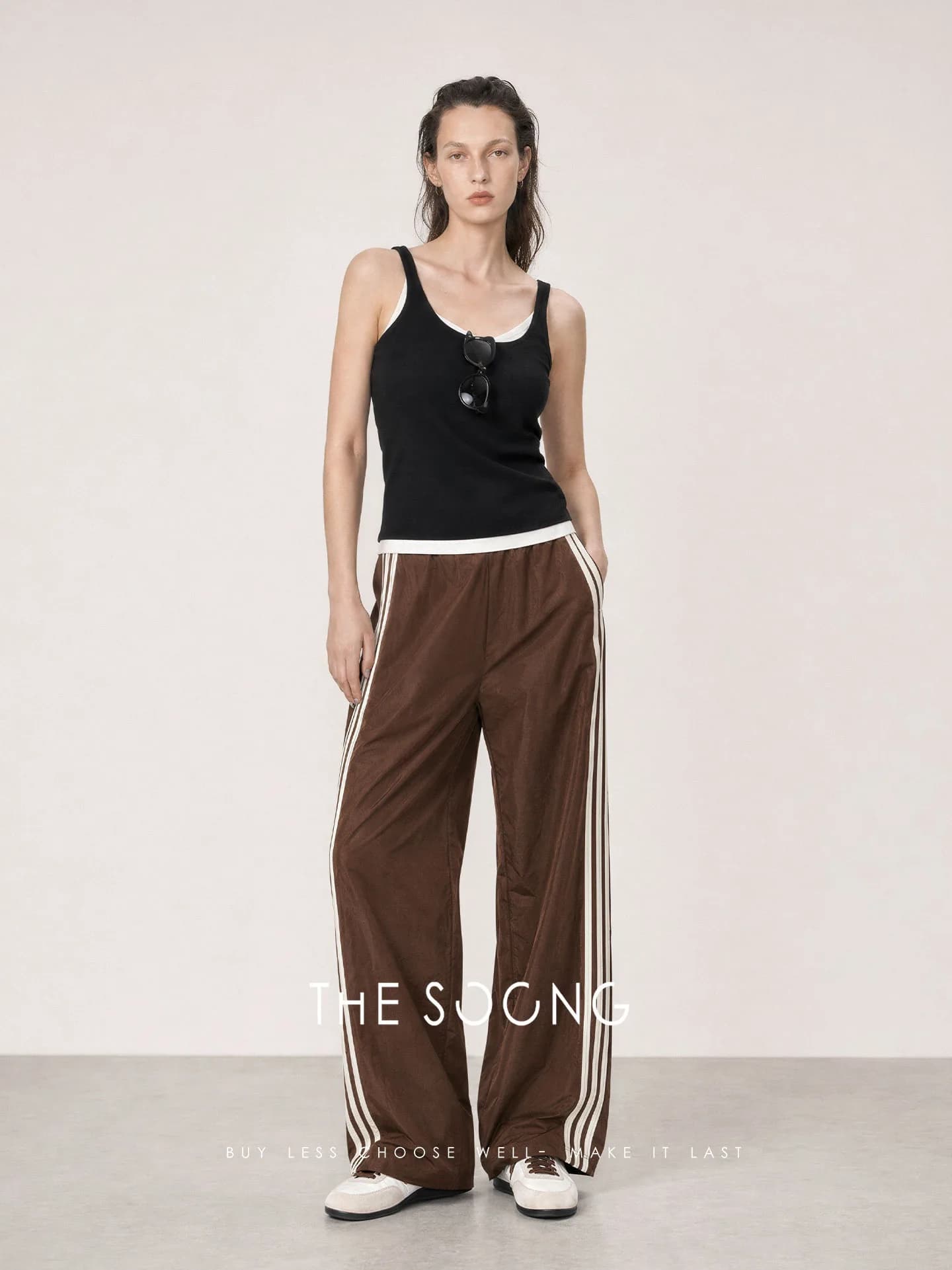 THESOONG Retro Sport Side-Stripe Nylon Casual Wide-Leg Pants view 3