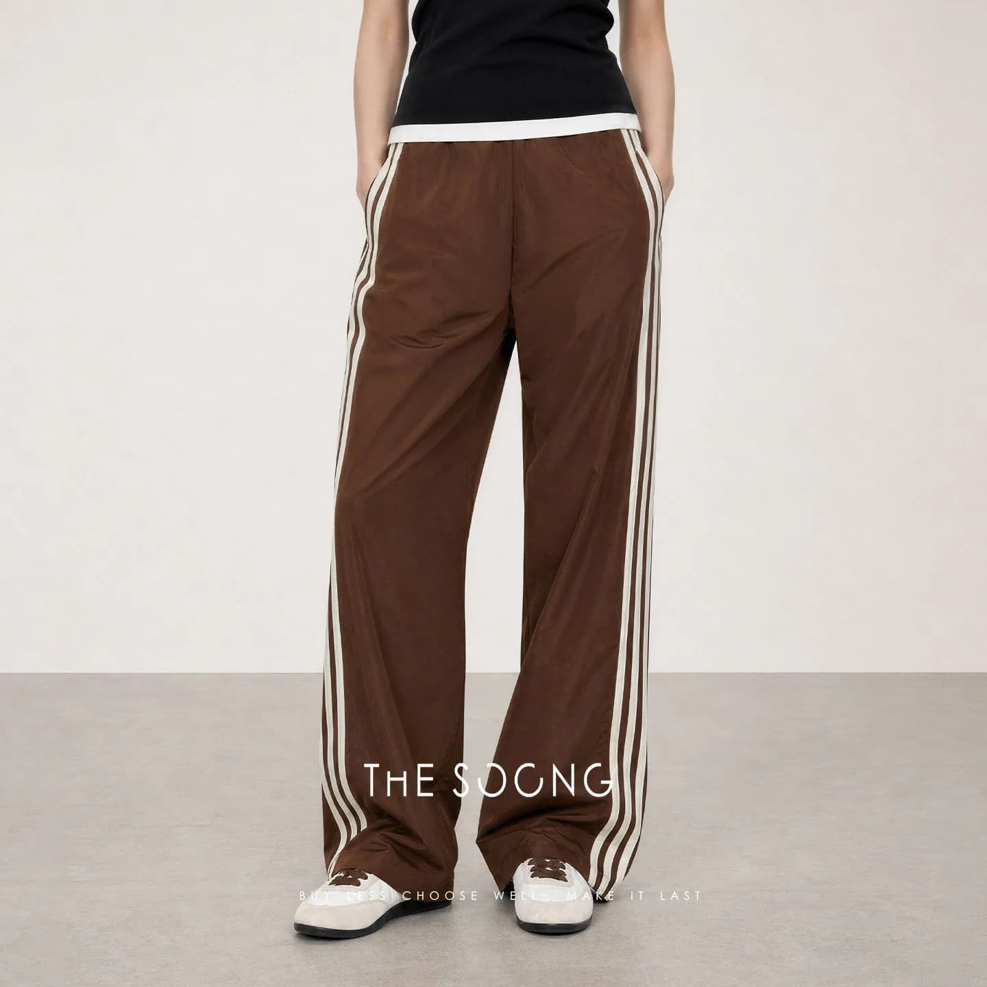 THESOONG Retro Sport Side-Stripe Nylon Casual Wide-Leg Pants
