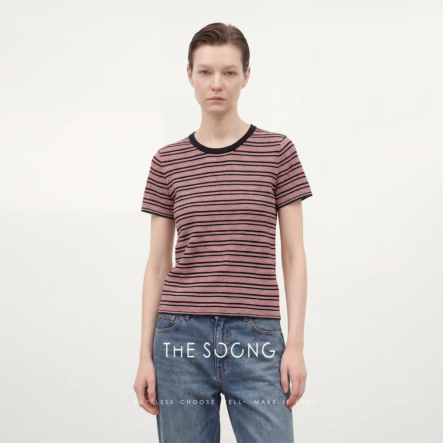 THESOONG Comfort Fine-Stripe Knit Crewneck Tee Top