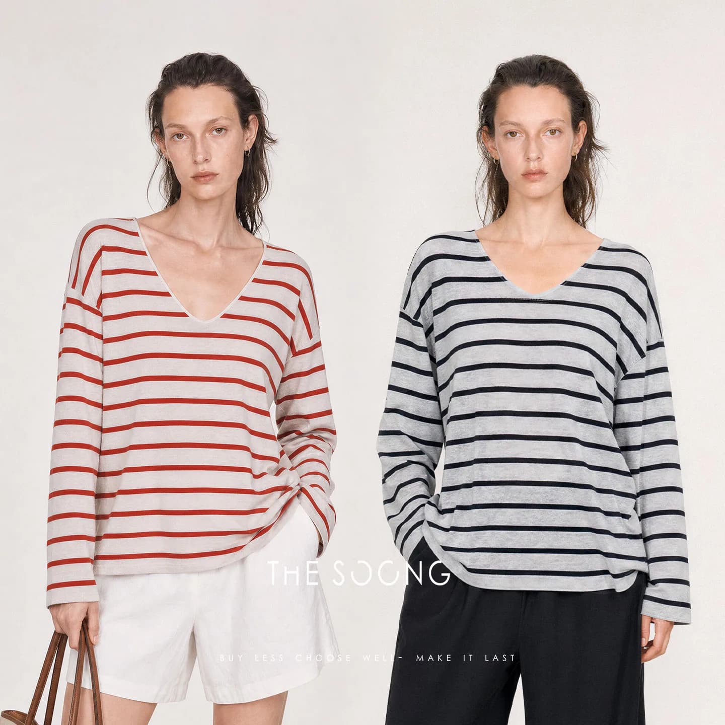 THESOONG French Relaxed Linen-Blend V-Neck Striped Airy Knit Top