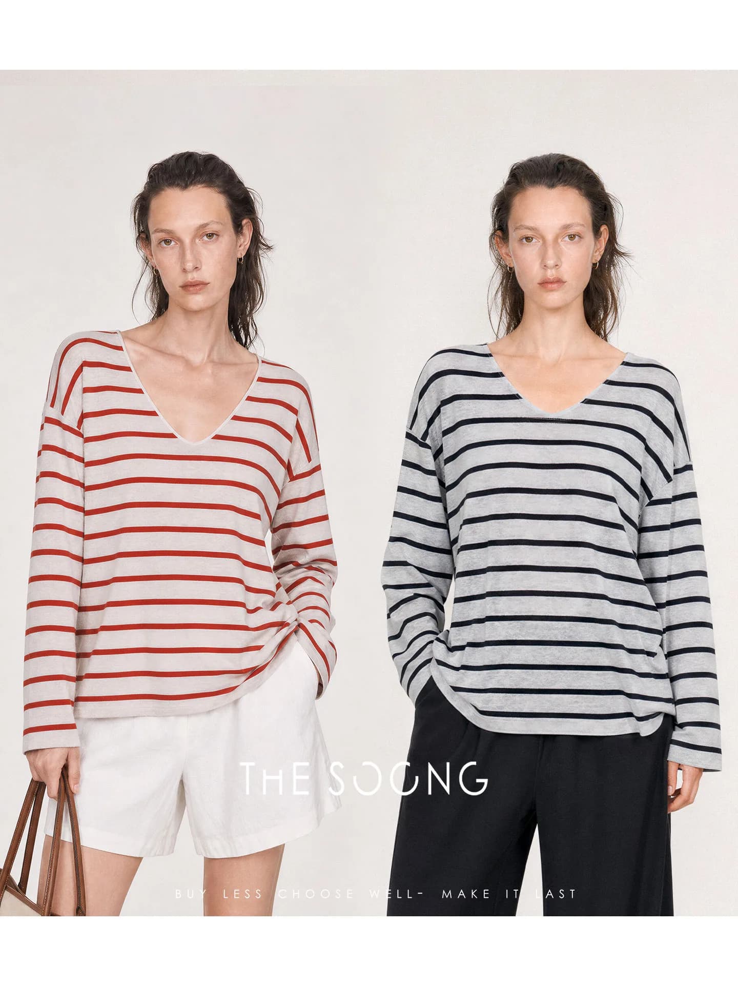 THESOONG French Relaxed Linen-Blend V-Neck Striped Airy Knit Top view 1