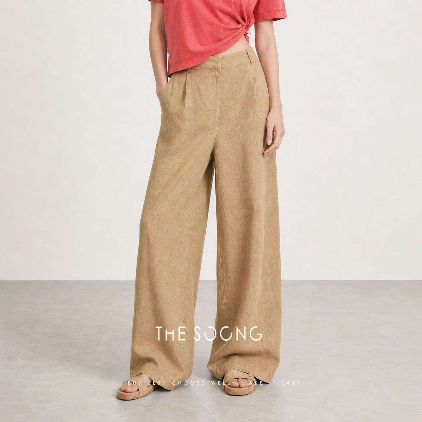 THESOONG Relaxed Crinkled Summer 100% Linen Wide-Leg Pants