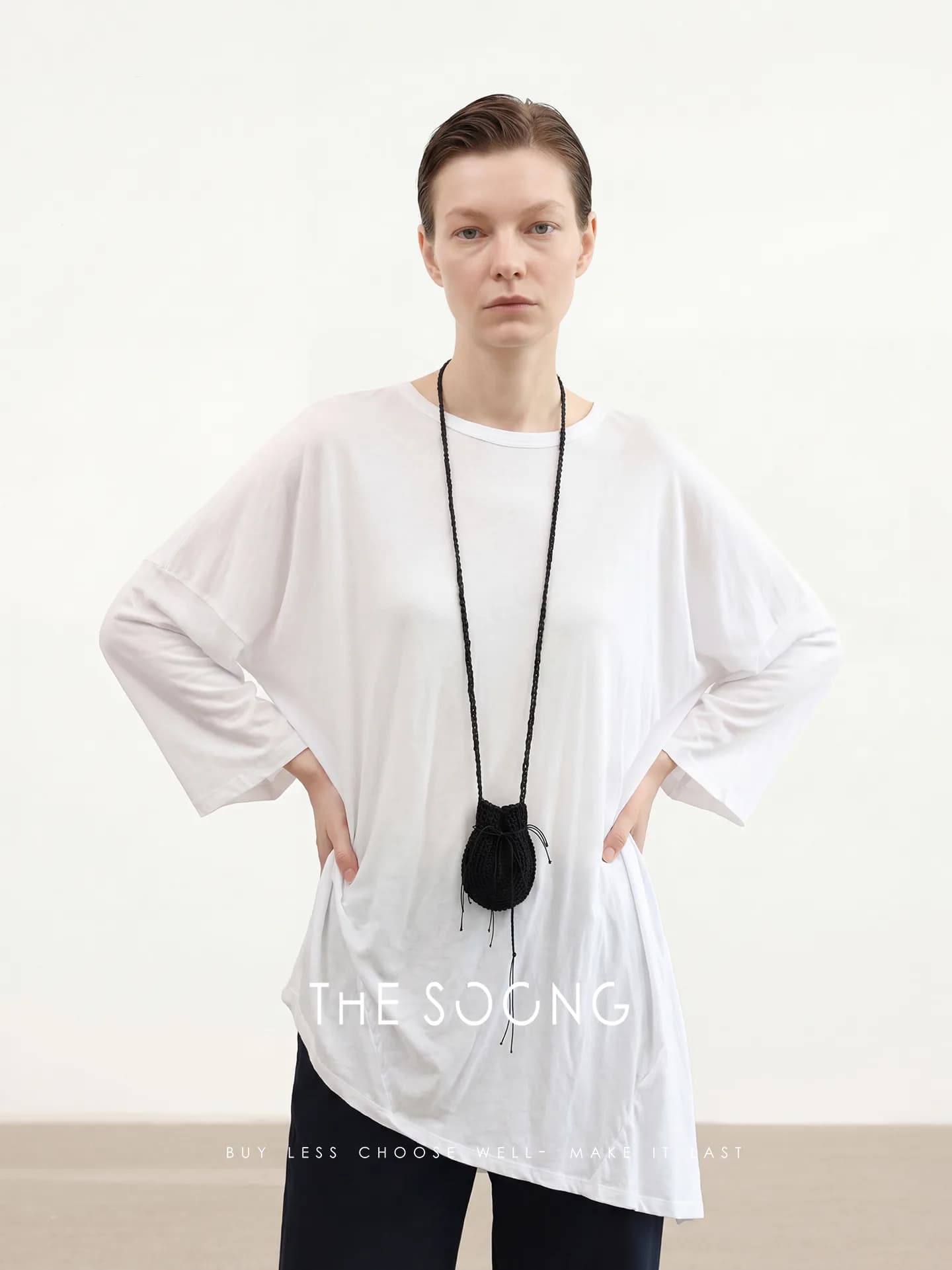 THESOONG 100% Cotton Geometric Panel Longline Short-Sleeve Tee view 4