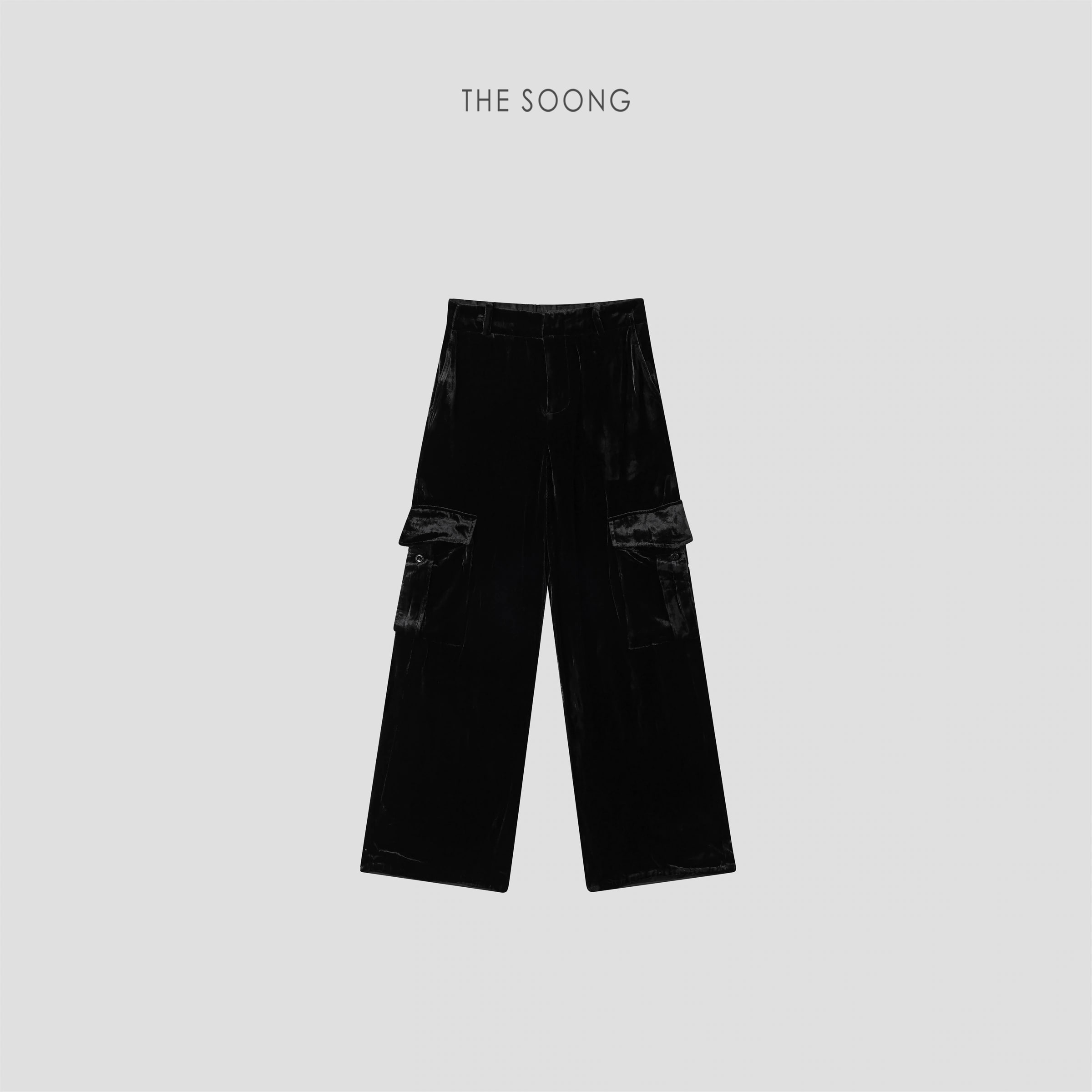 THESOONG 100% Silk Glossy Black Cargo Wide-Leg Pants - 8526