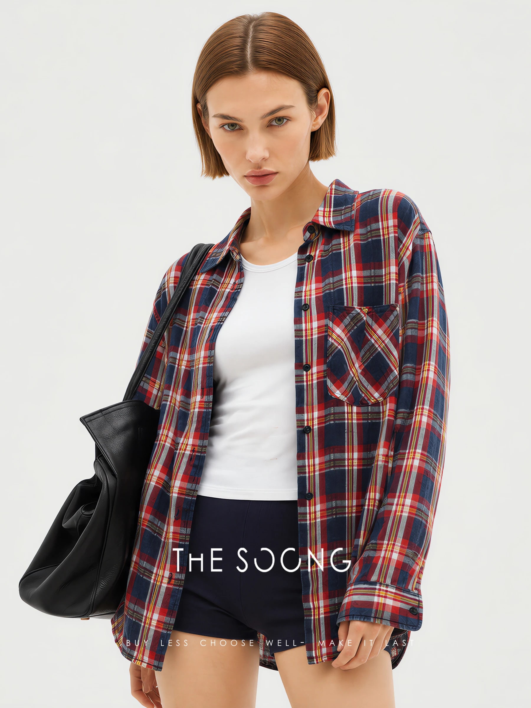 THESOONG Vintage Plaid Salt-Washed Denim Shirt - 7740 view 4