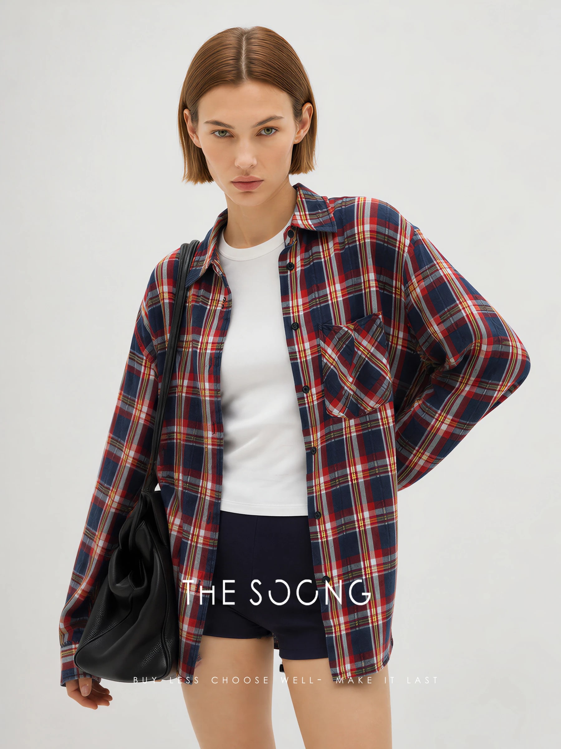 THESOONG Vintage Plaid Salt-Washed Denim Shirt - 7740 view 2