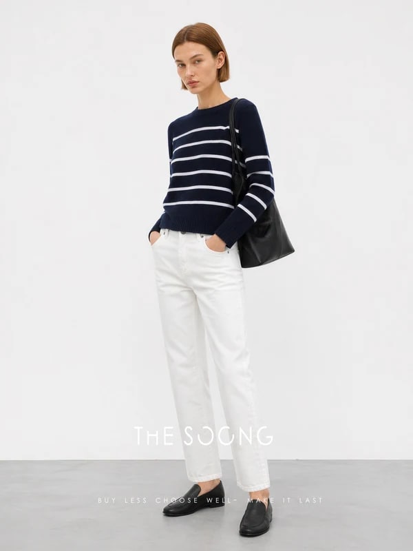 THESOONG 100% Cashmere Soft Striped Crewneck Sweater - 8982 view 4