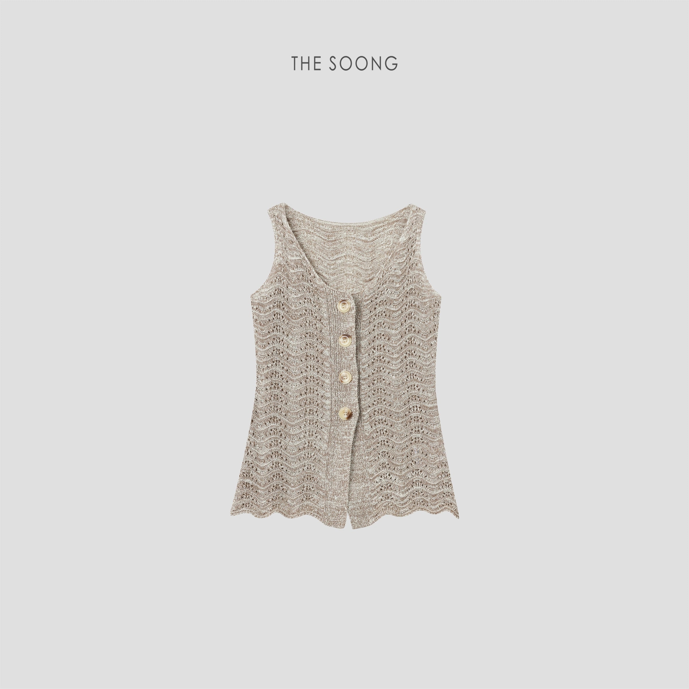 THESOONG Wave Openwork Knit Shell Btn Soft Texture Sleeveless Top Cotton Linen