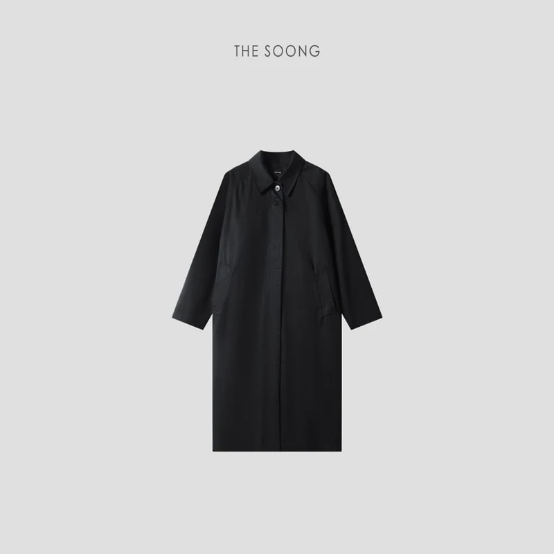 THESOONG “Airport Trench” Soft-Washed Black Twill Coat -3222 view 1