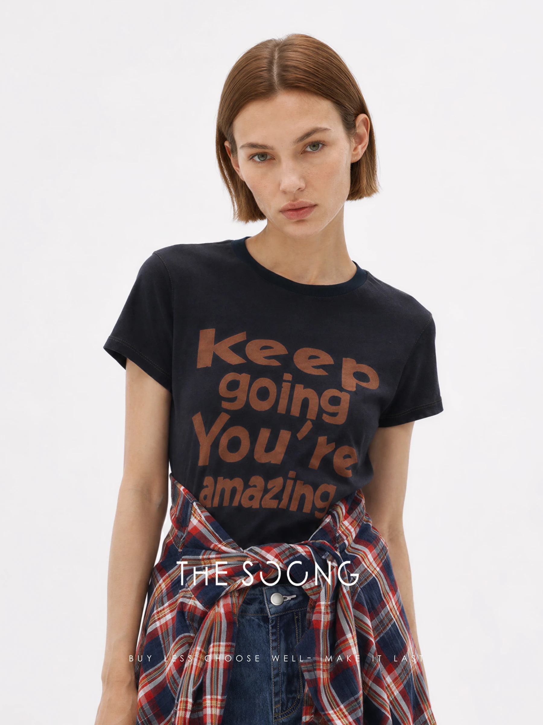 THESOONG Relaxed Cotton-Linen Contrast-Stitch Cropped T-Shirt - 8807 view 2