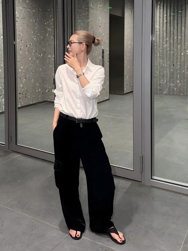 THESOONG 100% Silk Glossy Black Cargo Wide-Leg Pants - 8526 view 3