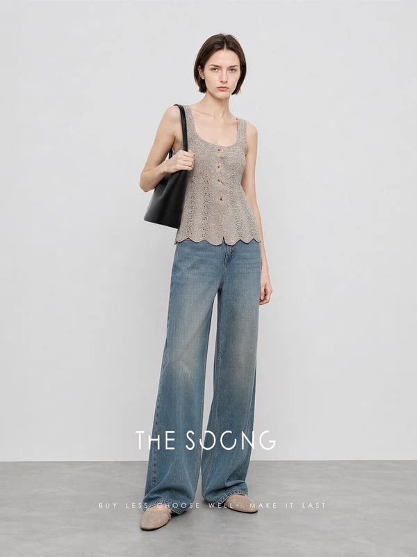 THESOONG Wave Openwork Knit Shell Btn Soft Texture Sleeveless Top Cotton Linen view 3