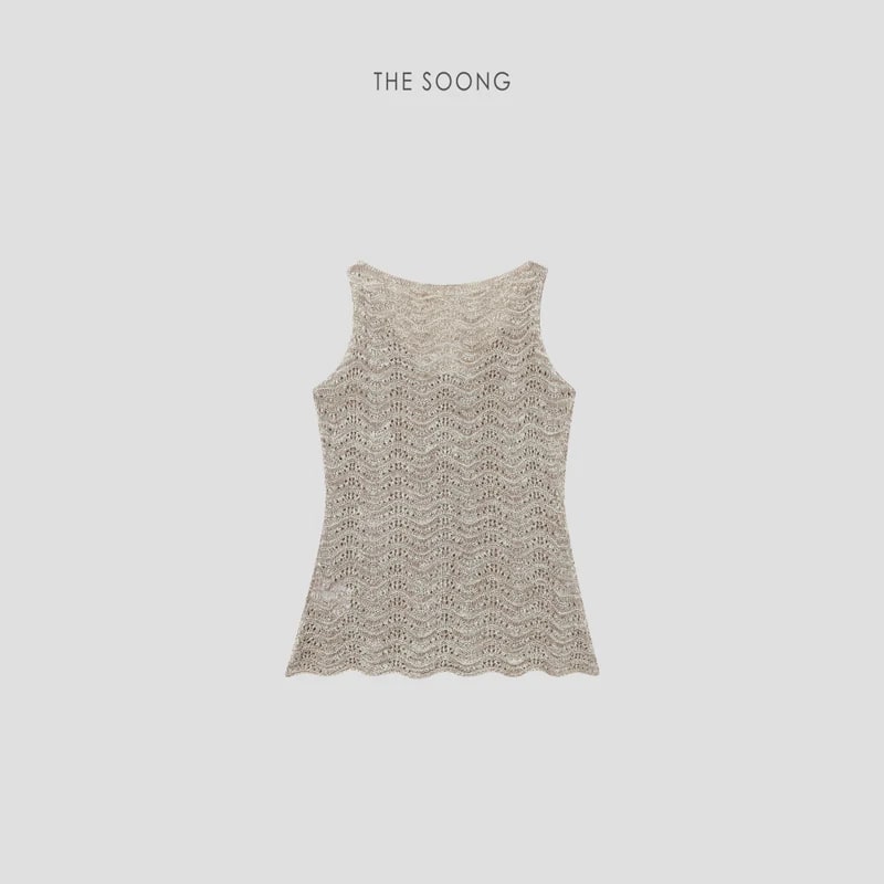 THESOONG Wave Openwork Knit Shell Btn Soft Texture Sleeveless Top Cotton Linen view 7
