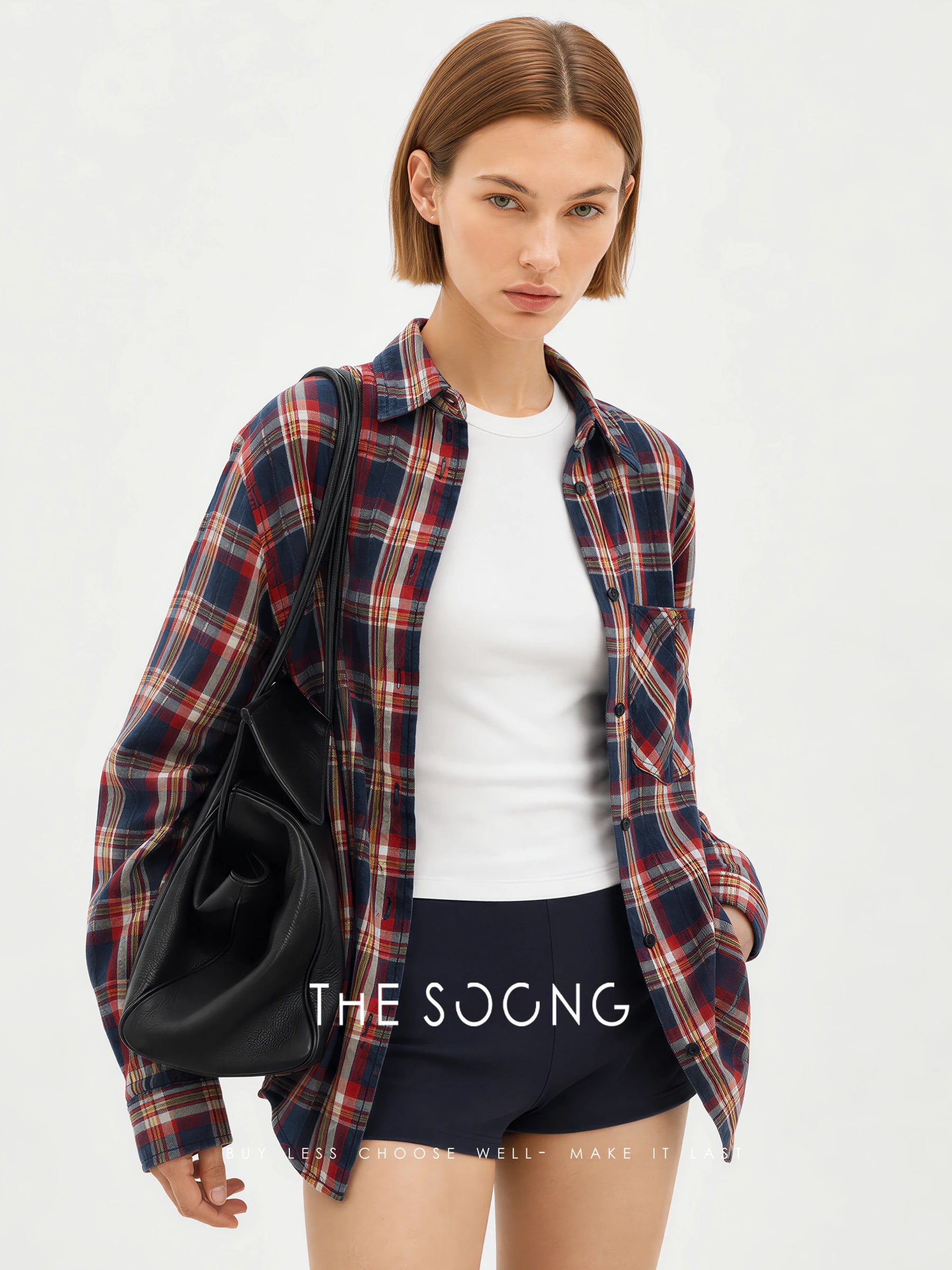 THESOONG Vintage Plaid Salt-Washed Denim Shirt - 7740 view 3