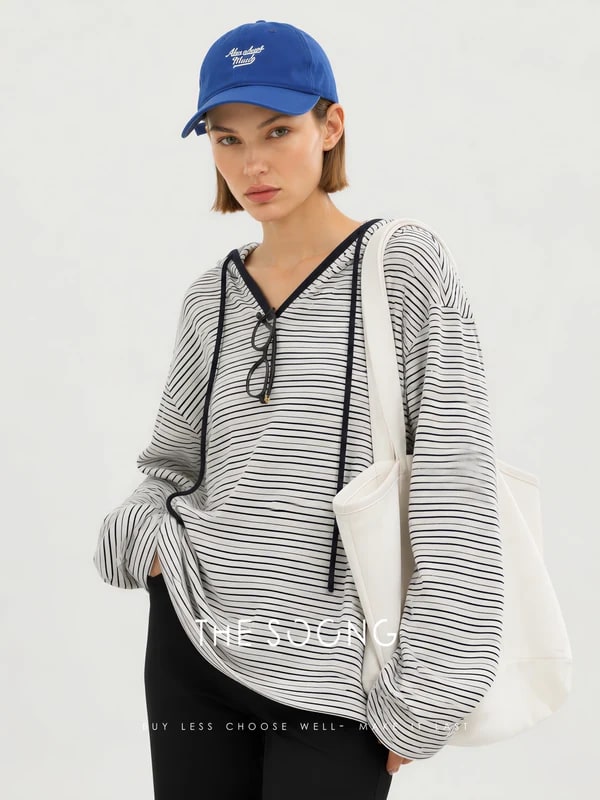 THESOONG Soft-Washed Cotton-Blend Striped Hooded Top - 8224 view 3