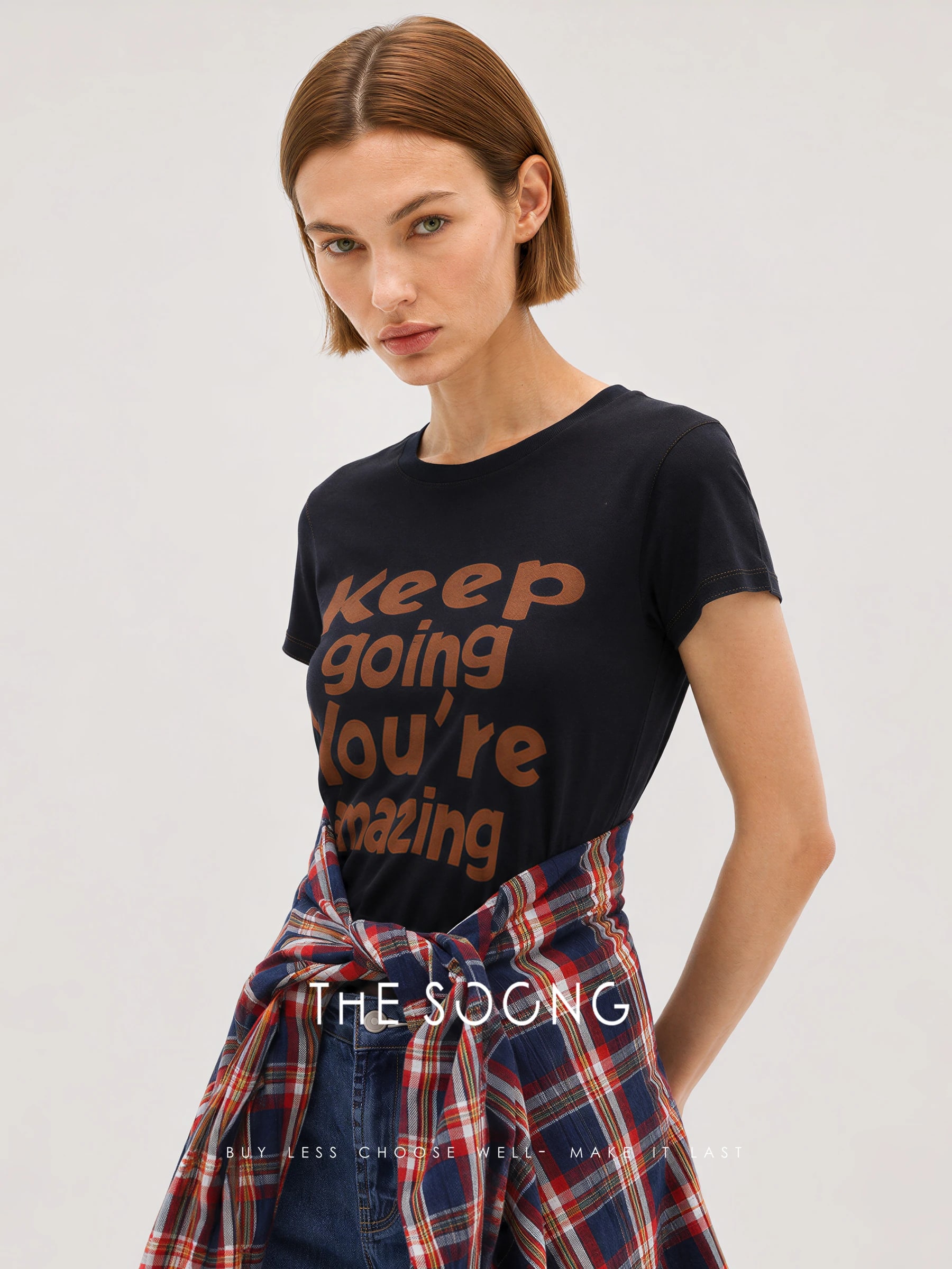 THESOONG Relaxed Cotton-Linen Contrast-Stitch Cropped T-Shirt - 8807 view 4