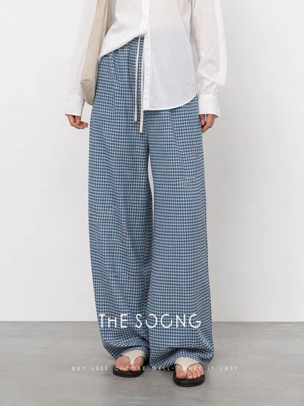 THESOONG Blue & White Check Wide-Leg Pants -9372 view 3