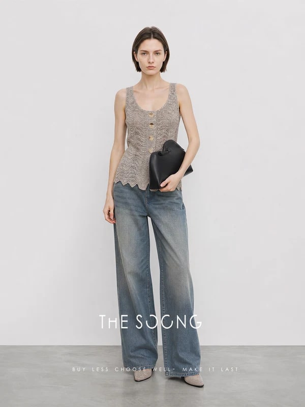 THESOONG Wave Openwork Knit Shell Btn Soft Texture Sleeveless Top Cotton Linen view 2