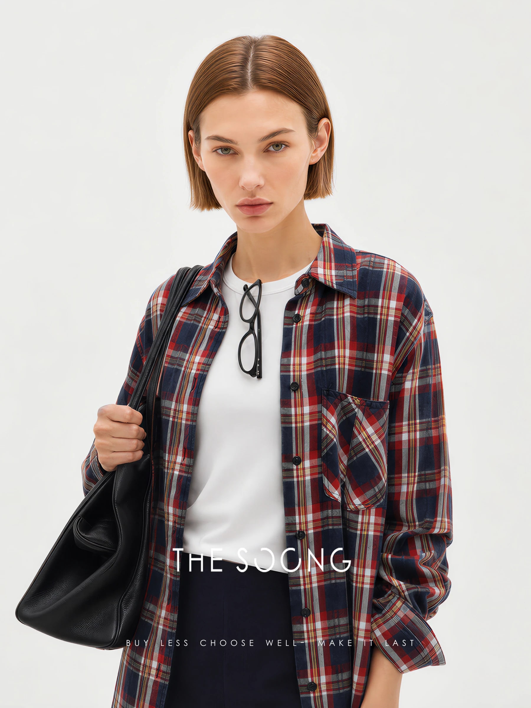 THESOONG Vintage Plaid Salt-Washed Denim Shirt - 7740 view 5