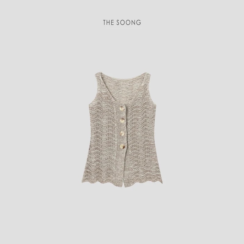 THESOONG Wave Openwork Knit Shell Btn Soft Texture Sleeveless Top Cotton Linen view 1