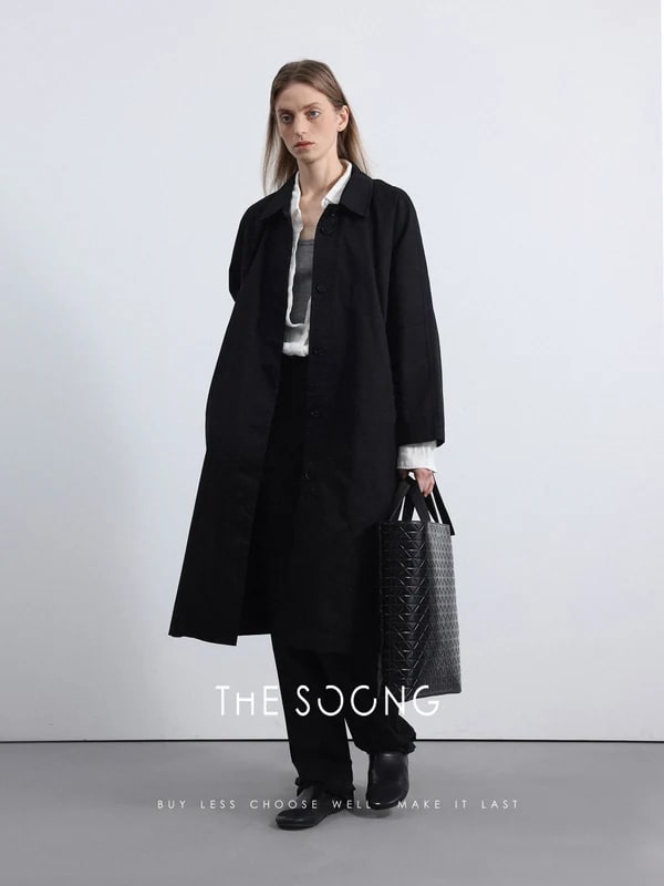 THESOONG “Airport Trench” Soft-Washed Black Twill Coat -3222 view 5
