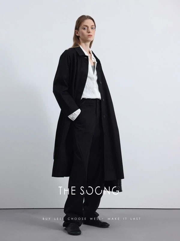 THESOONG “Airport Trench” Soft-Washed Black Twill Coat -3222 view 4