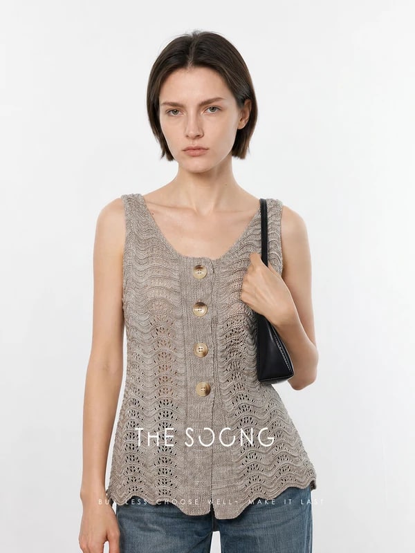 THESOONG Wave Openwork Knit Shell Btn Soft Texture Sleeveless Top Cotton Linen view 4