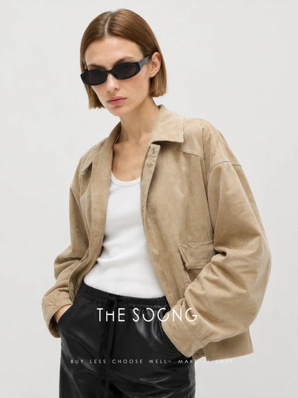 THESOONG “Jianghe” Imported Sudan Lambskin Cropped Leather Jacket - 9141 view 3