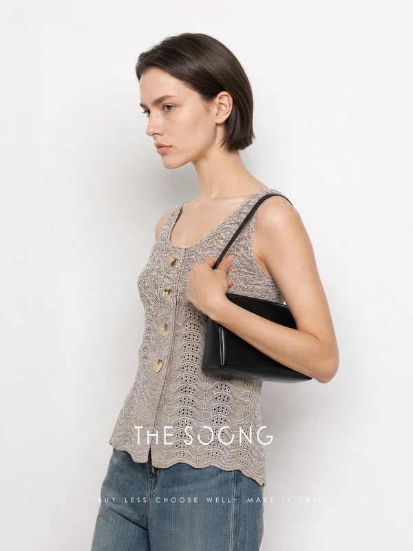 THESOONG Wave Openwork Knit Shell Btn Soft Texture Sleeveless Top Cotton Linen view 5