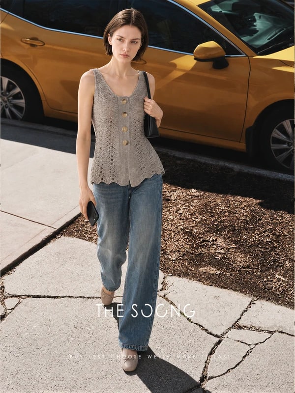 THESOONG Wave Openwork Knit Shell Btn Soft Texture Sleeveless Top Cotton Linen view 6