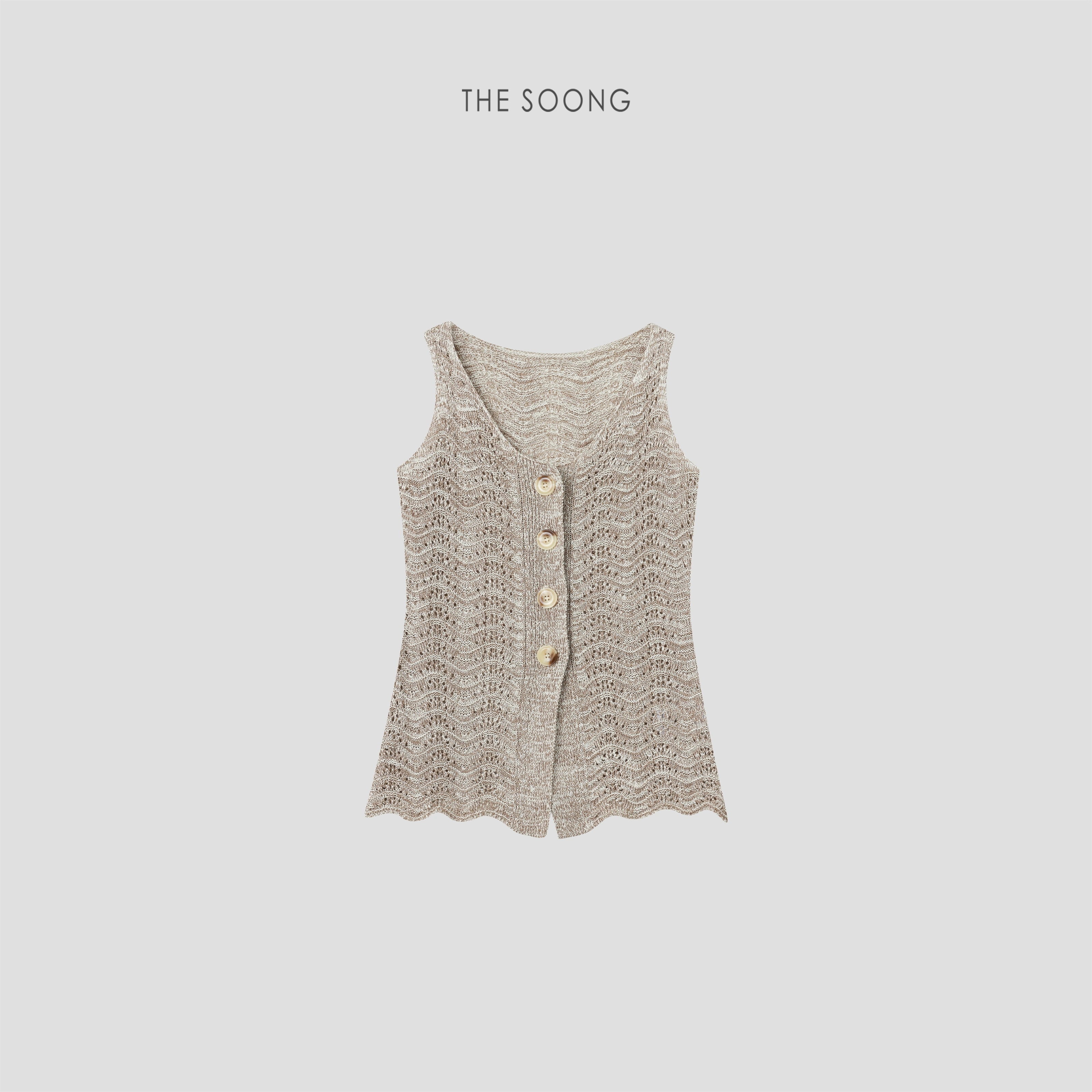 THESOONG Wave Openwork Knit Shell Btn Soft Texture Sleeveless Top Cotton Linen