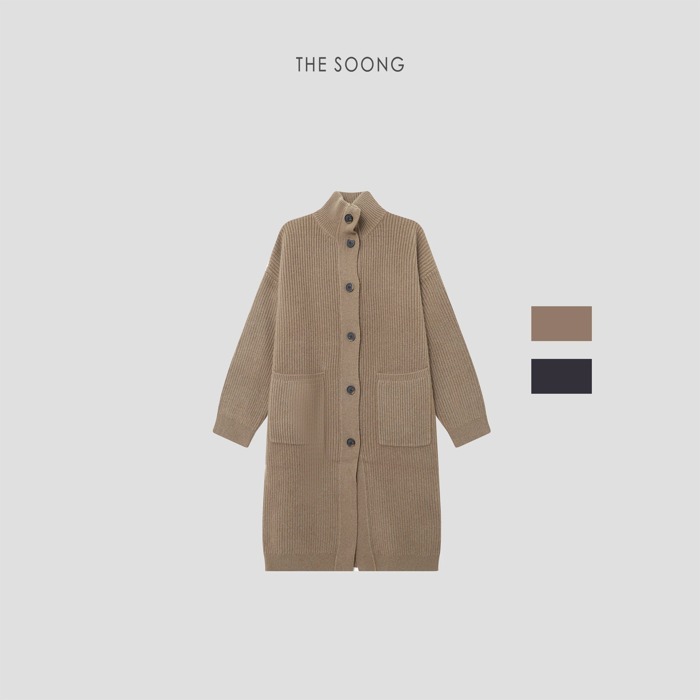Winter Mood Classic Wool Stand-Collar Long Cardigan Coat with Dual Pockets