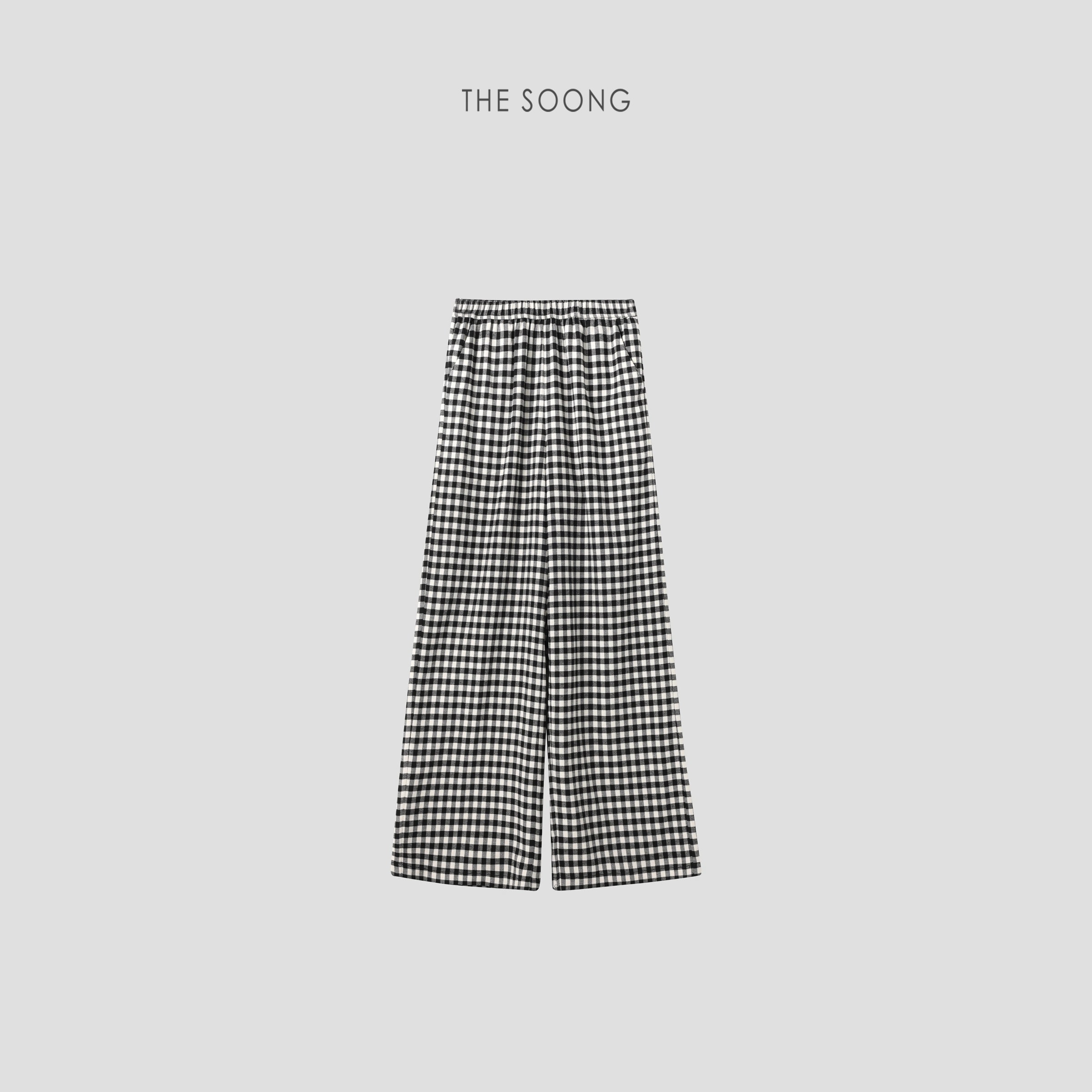 THESOONG Classic Black & White Check Elastic-Waist Pants - 6623