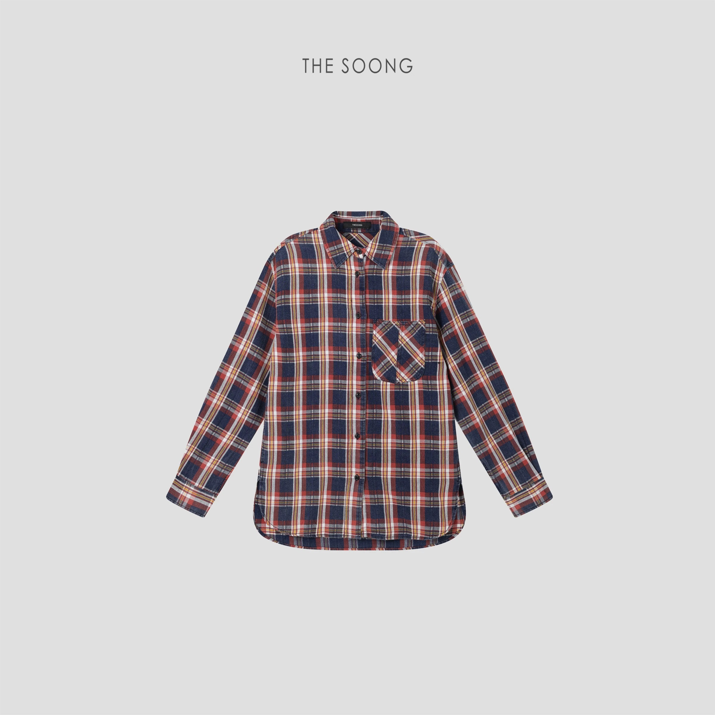 THESOONG Vintage Plaid Salt-Washed Denim Shirt - 7740